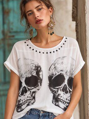 Edgy goth top w. skull graphic and metal studs